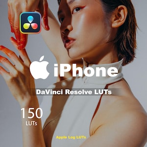 Puede incluir: Imagen con la palabra "iPhone" y el logo de Apple, además de "DaVinci Resolve LUTs" y "150 LUTs". También está presente el texto "Apple Log LUTs". Una persona está en el fondo con pintura roja en las manos.