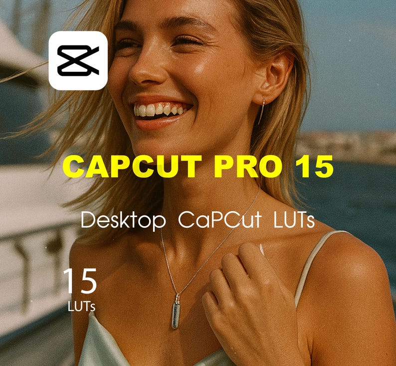 Pu&ograve; includere: Immagine con il logo CapCut Pro 15, il testo "Desktop CapCut LUTs" e "15 LUTs". L'immagine &egrave; sovrapposta a una foto di una persona sorridente che indossa una collana.