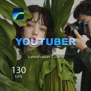 Könnte beinhalten: Eine Frau in einem grünen Kleid und ein Fotograf mit einer Kamera. Das Wort "YOUTUBER" wird in blauem Text angezeigt. Das Bild enthält auch den Text "LumaFusion LUTs" und "130 LUTs". Ein grünes und blaues Logo befindet sich in der oberen linken Ecke.