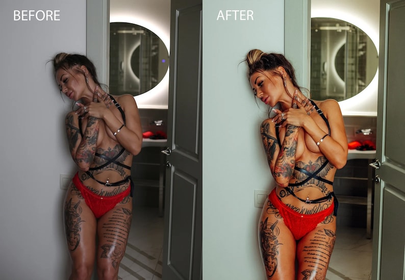 May include: A woman with tattoos on her arms and legs is wearing a red and black lingerie set. She is standing in a bathroom with a mirror behind her.