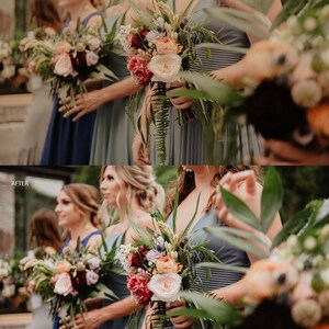 May include: A group of bridesmaids holding bouquets of flowers. The bouquets are made up of pink, white, and red roses, green ferns, and other foliage. The bridesmaids are wearing blue dresses.