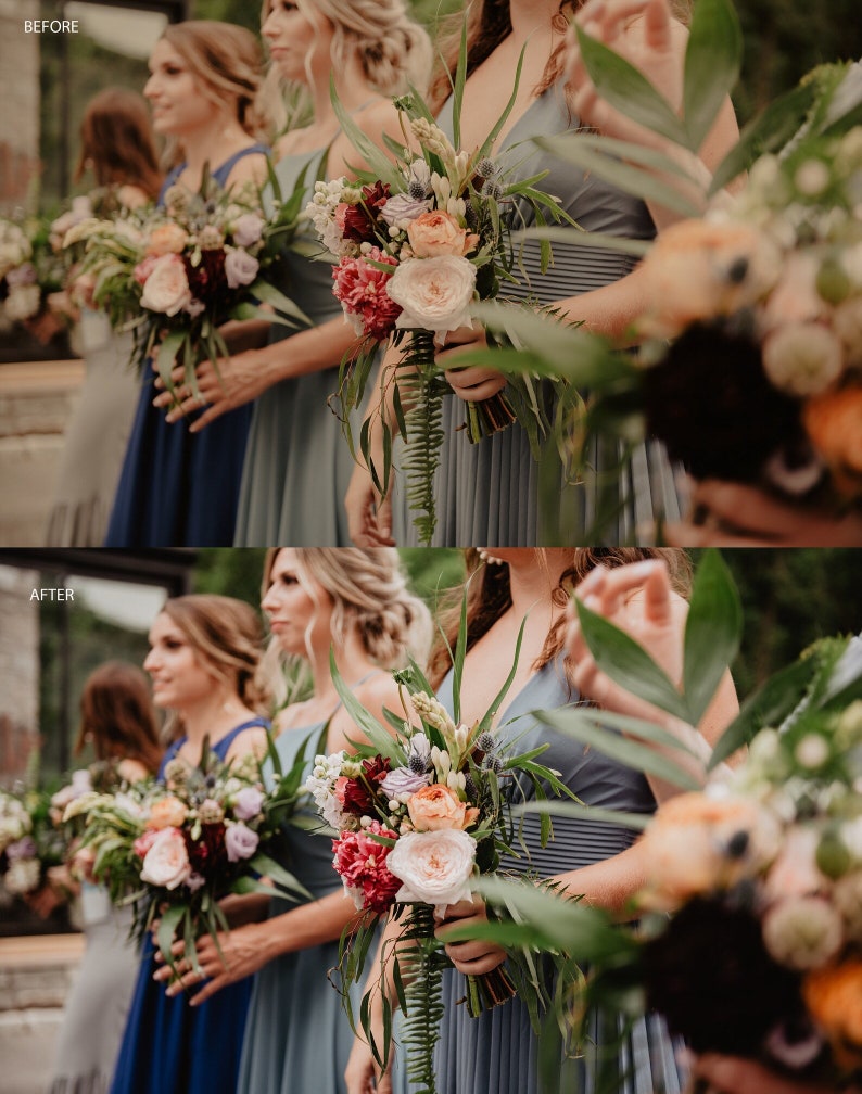 May include: A group of bridesmaids holding bouquets of flowers. The bouquets are made up of pink, white, and red roses, green ferns, and other foliage. The bridesmaids are wearing blue dresses.