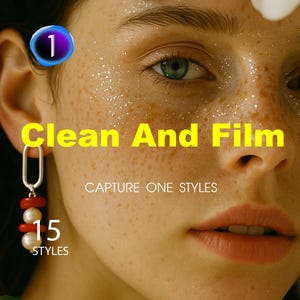 May include: Close-up of a person's face with freckles and glitter. The text "Clean And Film" is in yellow. A silver earring with red and white beads hangs from the ear. The text "15 STYLES" is below the earring.