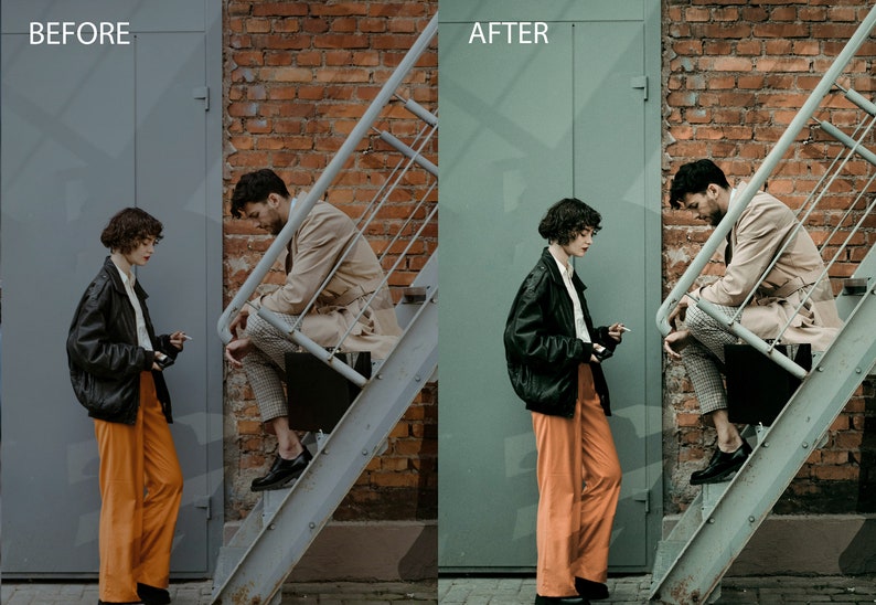 May include: Two people, a man and a woman, are standing on a metal staircase. The man is wearing a beige trench coat and plaid pants. The woman is wearing a black leather jacket and orange pants. They are both looking at each other.