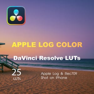 Op de afbeelding: Afbeelding met een gradiëntachtergrond van paars, oranje en blauw. De tekst luidt "APPLE LOG COLOR" en "DaVinci Resolve LUTS". Het bevat ook "25 LUTS" en "Apple Log & Rec709 Shot on iPhone". Een kleurrijk logo staat in de linkerbovenhoek.