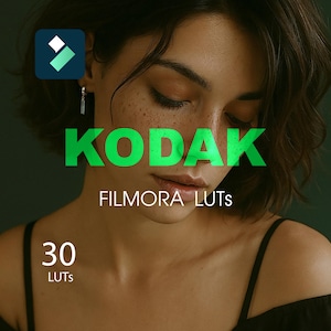May include: A woman with dark hair and freckles is the focus, with the word "KODAK" in green. The text "FILMORA LUTS" and "30 LUTS" are also visible. A Filmora logo is in the upper left corner of the image.