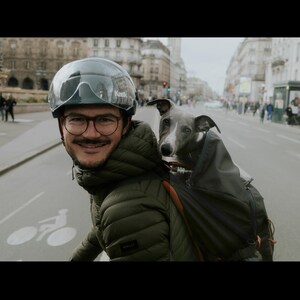 May include: A man wearing a black helmet and a green jacket is riding a bicycle with a grey dog in a carrier on his back. The dog is looking at the camera.