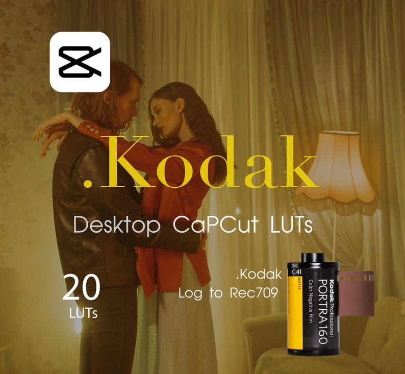 May include: A couple poses in a dimly lit room with a vintage film camera and the text "Kodak. Desktop CapCut LUTS 20 LUTS Log to Rec709" on the wall.