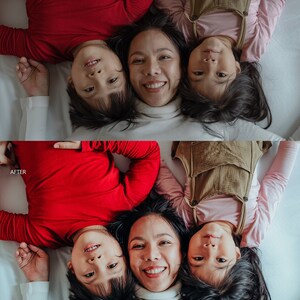 Puede incluir: Una madre y sus dos hijos est&aacute;n tumbados en una cama blanca, mirando a la c&aacute;mara. La madre lleva un jersey de cuello alto blanco, y los ni&ntilde;os llevan camisas rojas y marrones. Los ni&ntilde;os est&aacute;n tumbados de espaldas, y la madre est&aacute; tumbada boca abajo.