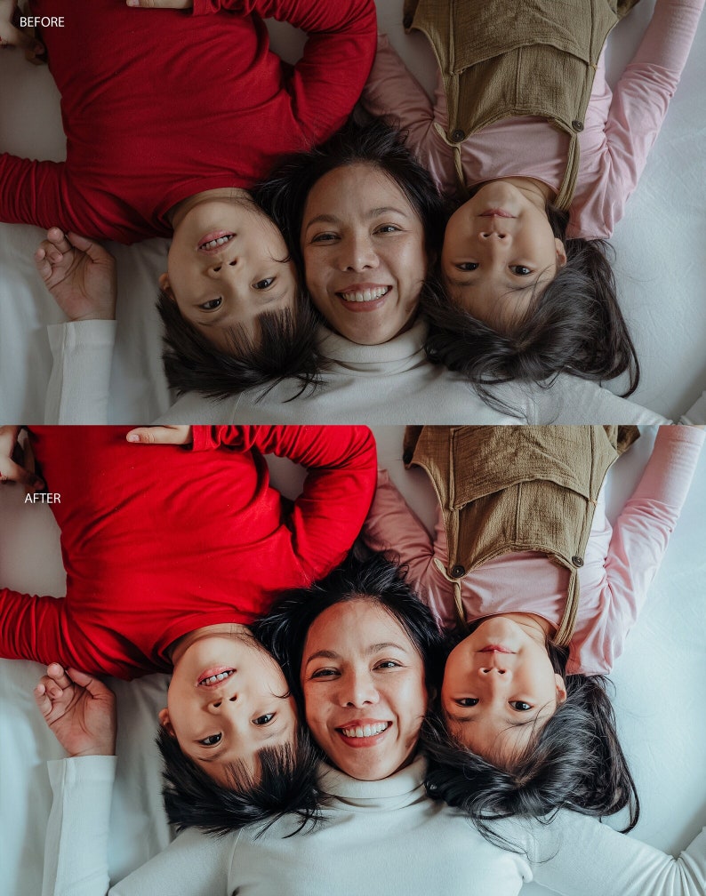 Puede incluir: Una madre y sus dos hijos est&aacute;n tumbados en una cama blanca, mirando a la c&aacute;mara. La madre lleva un jersey de cuello alto blanco, y los ni&ntilde;os llevan camisas rojas y marrones. Los ni&ntilde;os est&aacute;n tumbados de espaldas, y la madre est&aacute; tumbada boca abajo.