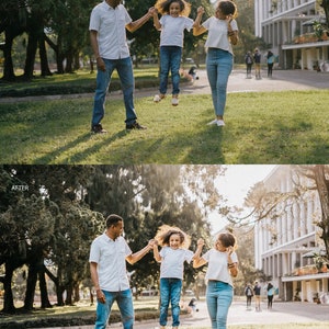 Puede incluir: Una familia de tres, un padre, una madre y una hija, est&aacute;n jugando en un parque. La hija est&aacute; saltando en el aire mientras sostiene las manos de sus padres. Todos est&aacute;n sonriendo y divirti&eacute;ndose.