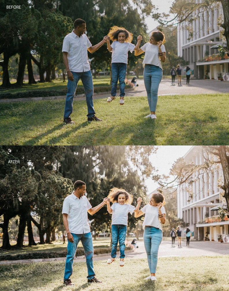 Puede incluir: Una familia de tres, un padre, una madre y una hija, est&aacute;n jugando en un parque. La hija est&aacute; saltando en el aire mientras sostiene las manos de sus padres. Todos est&aacute;n sonriendo y divirti&eacute;ndose.