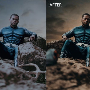 May include: A person wearing a blue and silver costume sits on a rock formation. The background is a cloudy sky with a dramatic lighting effect.