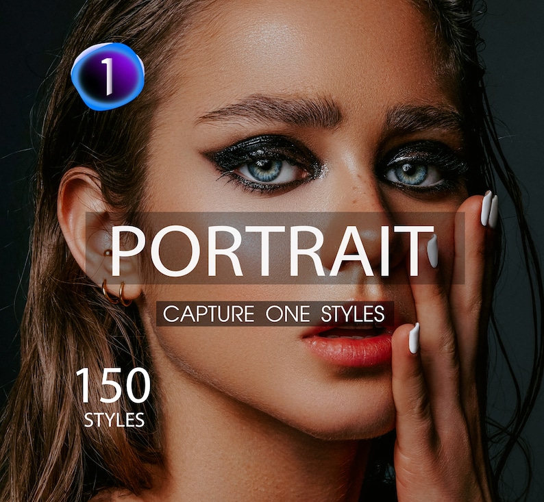 May include: A close-up of a woman's face with heavy eye makeup. The text "PORTRAIT CAPTURE ONE STYLES 150 STYLES" is visible in the image.