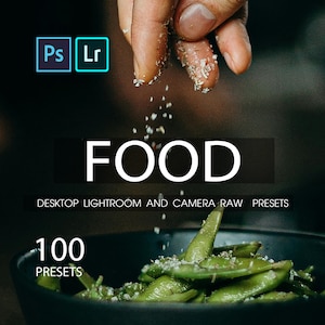 Puede incluir: Un conjunto de 100 ajustes preestablecidos de Lightroom y Camera Raw para editar fotografías de comida. La imagen muestra una mano espolvoreando sal sobre judías verdes en un cuenco negro. El texto "FOOD" se muestra en letras blancas sobre un fondo negro. El texto "DESKTOP LIGHTROOM AND CAMERA RAW PRESETS" se muestra en letras blancas sobre un fondo negro. El texto "100 PRESETS" se muestra en letras blancas sobre un fondo negro.