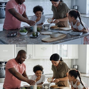 Puede incluir: Una familia de cuatro personas est&aacute; reunida en una cocina, preparando una comida. El padre est&aacute; vertiendo leche en un vaso, mientras que la madre est&aacute; untando mantequilla en el pan. Dos ni&ntilde;os est&aacute;n sentados en la mesa, uno comiendo un bocadillo y el otro mirando a los adultos.