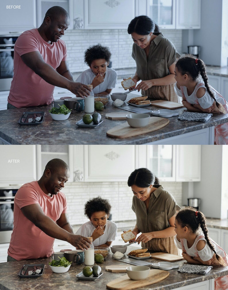 Puede incluir: Una familia de cuatro personas est&aacute; reunida en una cocina, preparando una comida. El padre est&aacute; vertiendo leche en un vaso, mientras que la madre est&aacute; untando mantequilla en el pan. Dos ni&ntilde;os est&aacute;n sentados en la mesa, uno comiendo un bocadillo y el otro mirando a los adultos.