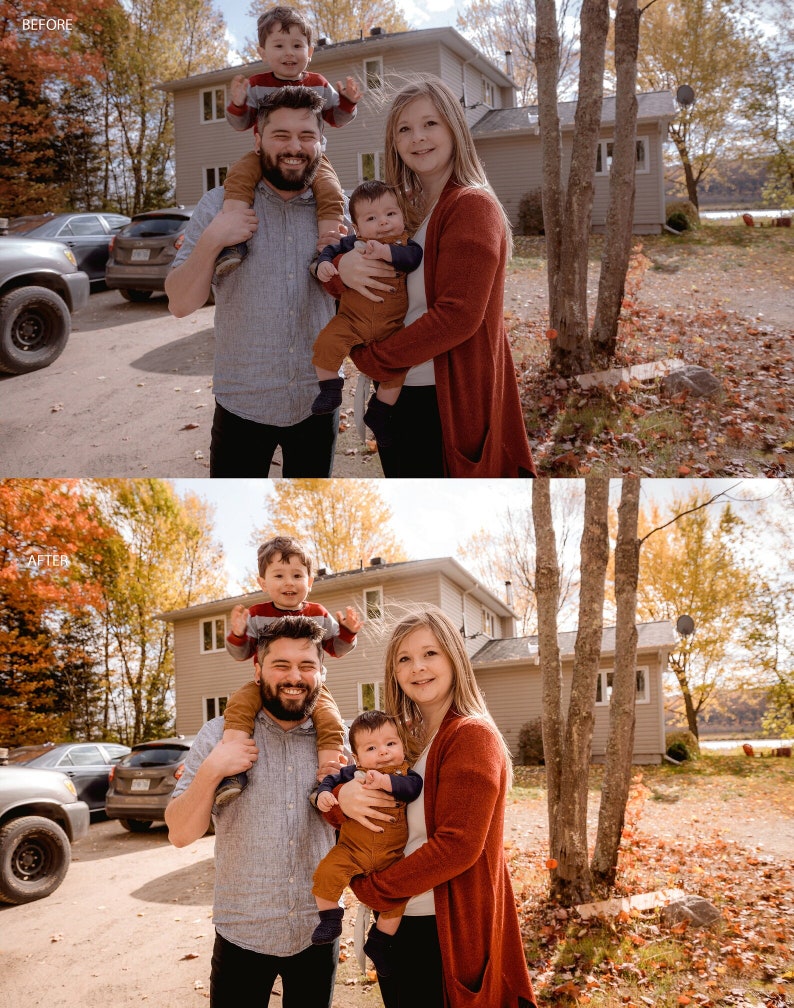 Puede incluir: Una familia de cuatro personas de pie frente a una casa con follaje de oto&ntilde;o. Los padres llevan su&eacute;teres rojos y los dos ni&ntilde;os llevan camisas azules. La familia sonr&iacute;e y mira a la c&aacute;mara.
