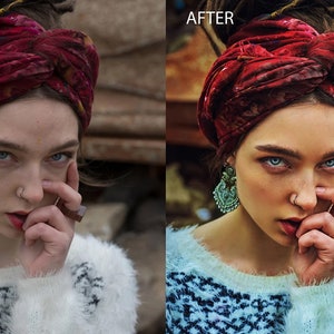 May include: A woman with dark hair and blue eyes is wearing a red turban, a white sweater, and a nose ring. She is looking directly at the camera with her finger on her chin.