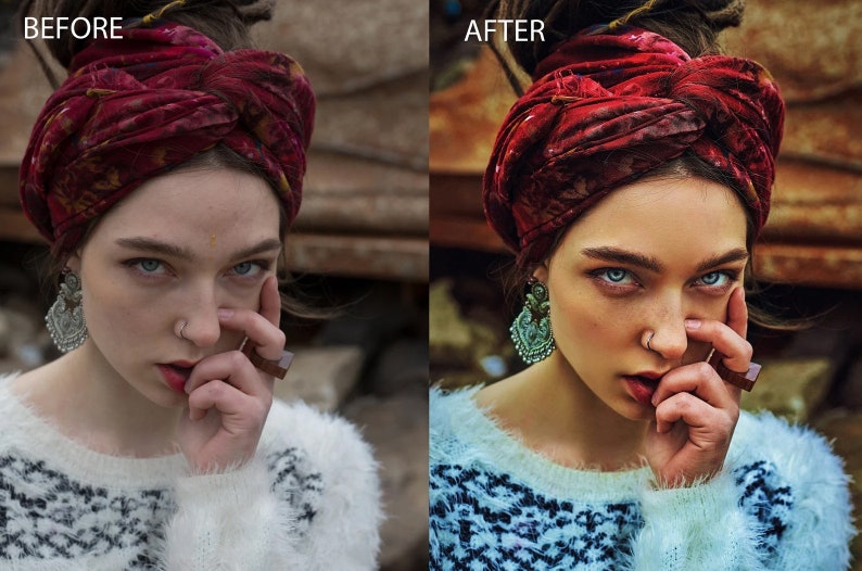 May include: A woman with dark hair and blue eyes is wearing a red turban, a white sweater, and a nose ring. She is looking directly at the camera with her finger on her chin.