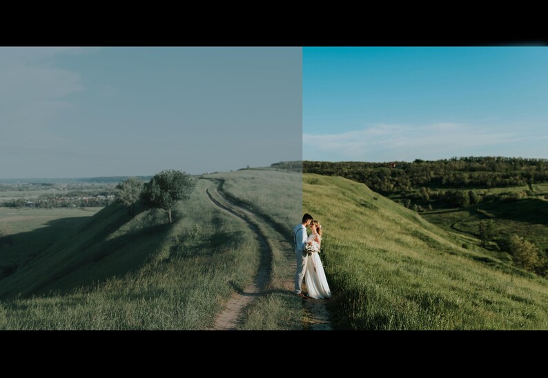 May include: A couple in wedding attire standing on a grassy hilltop with a dirt path leading up to them. The sky is blue and the background is a green valley.