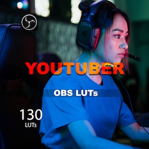 May include: A woman wearing a headset and microphone, with the word "YOUTUBER" in orange and red letters. The text "OBS LUTs" is below, with "130 LUTs" at the bottom. The OBS logo is in the upper left corner. The woman is wearing a blue shirt.
