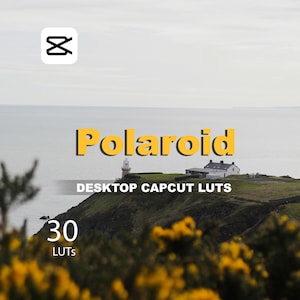 Puede incluir: Imagen con el logo de CapCut y la palabra "Polaroid" en amarillo, con el texto "DESKTOP CAPCUT LUTS" y "30 LUTS" debajo. El fondo muestra un paisaje costero con un faro y un edificio en una colina.