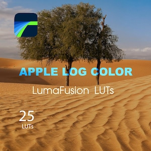 Może przedstawiać: Obraz pustynnego krajobrazu z dwoma drzewami i wydmami. Tekst "APPLE LOG COLOR" jest wyświetlany na niebiesko, wraz z "LumaFusion LUTs" i "25 LUTs". Kolorowa ikona aplikacji znajduje się w lewym górnym rogu.