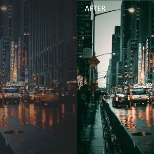 May include: A nighttime city street scene with tall buildings and cars driving on a wet road. The street is lined with metal barriers and there are streetlights on the left and right sides of the street. The sign on the building reads "Radio City".