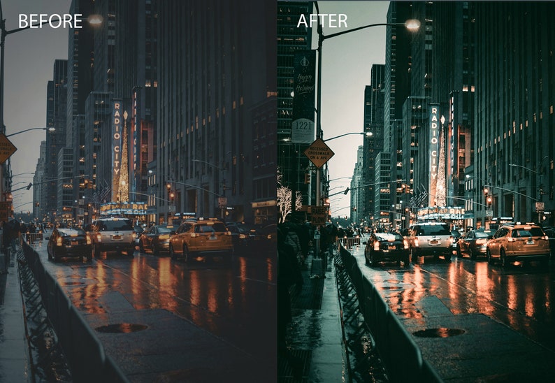 May include: A nighttime city street scene with tall buildings and cars driving on a wet road. The street is lined with metal barriers and there are streetlights on the left and right sides of the street. The sign on the building reads "Radio City".