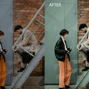 May include: Two people standing on a metal staircase in front of a brick wall. The person on the left is wearing a black leather jacket, orange pants, and a white shirt. The person on the right is wearing a beige trench coat, plaid pants, and a white shirt. The background is a brick wall and a green door.
