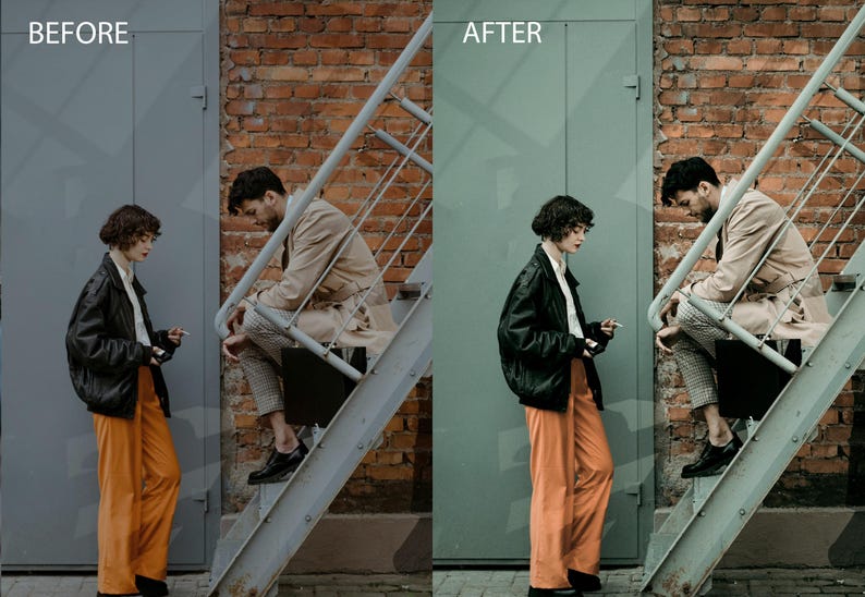 May include: Two people standing on a metal staircase in front of a brick wall. The person on the left is wearing a black leather jacket, orange pants, and a white shirt. The person on the right is wearing a beige trench coat, plaid pants, and a white shirt. The background is a brick wall and a green door.
