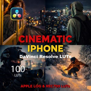 Könnte beinhalten: Eine Collage aus vier Bildern mit dem Text "CINEMATIC IPHONE" in Rot und Gelb. Die Bilder zeigen eine Person in einem Zug, eine Person, die auf eine Stadt blickt, eine Person mit einer Kamera und einen Snowboarder. Der Text "DaVinci Resolve LUTs" und "100 LUTs" ist ebenfalls sichtbar.
