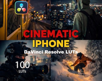 May include: A collage of four images with the text "CINEMATIC IPHONE" in red and yellow. The images include a person looking out a train window, a person looking at a city at night, a person with a camera, and a snowboarder. The text "DaVinci Resolve LUTs" and "100 LUTs" are also visible.