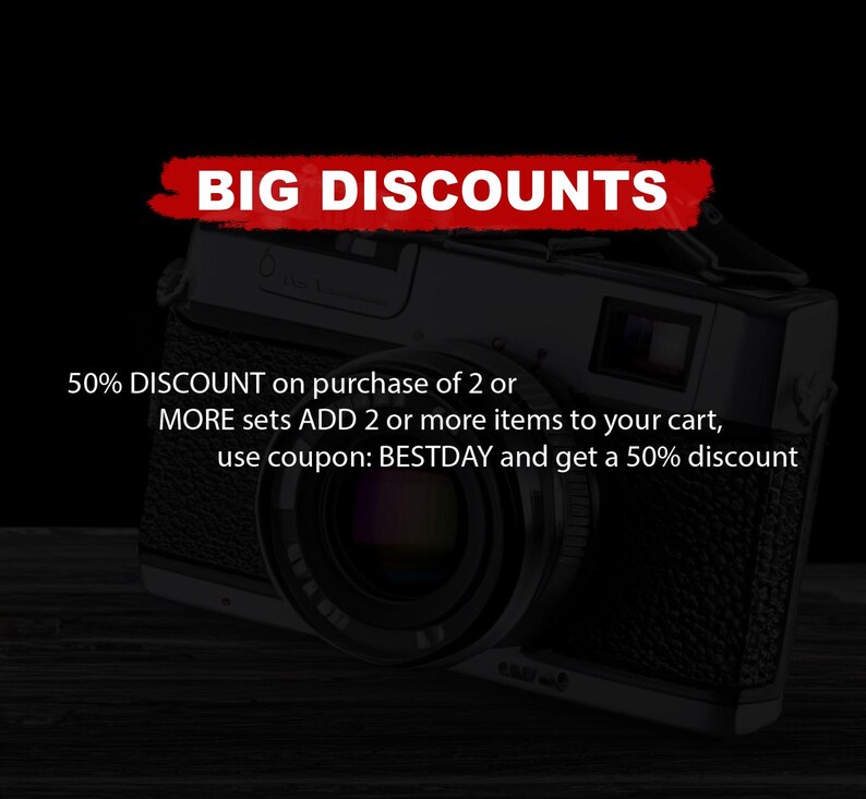 May include: A vintage camera with a black leather body and a silver lens. The image has a red banner across the top that says "BIG DISCOUNTS". The text below the camera says "50% DISCOUNT on purchase of 2 or MORE sets ADD 2 or more items to your cart, use coupon: BESTDAY and get a 50% discount"