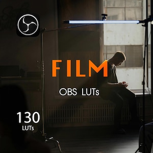 May include: Image showing the OBS Studio logo and the word "FILM" in orange. Text below reads "OBS LUTS" and "130 LUTS". A person sits by a window, with studio lighting equipment in the foreground.