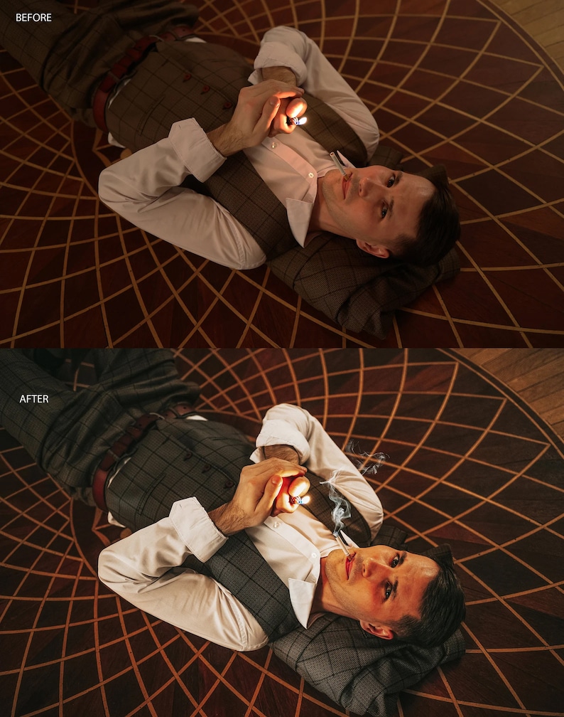 May include: A man in a white shirt and a brown plaid vest lies on a patterned wooden floor, holding a lighter and a cigarette in his hands. He is looking up at the camera.