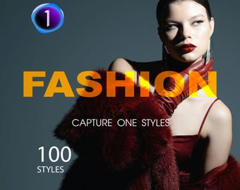 May include: A woman wearing a red fur coat and a red dress with a red leather glove on her left hand. The text "FASHION" is in yellow letters and the text "CAPTURE ONE STYLES" is in black letters. The text "100 STYLES" is in white letters.