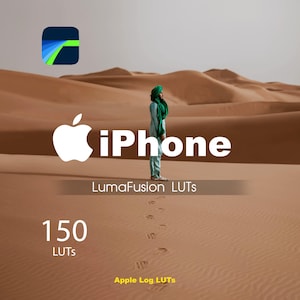 Peut inclure: Publicité pour iPhone dans un paysage désertique. Le logo Apple et le mot "iPhone" sont mis en évidence. Le texte "LumaFusion LUTs", "150 LUTs" et "Apple Log LUTs" est également présent. Une personne se tient dans le désert.