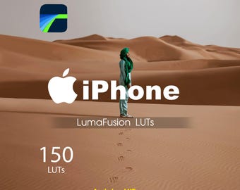 May include: An iPhone advertisement set in a desert landscape. The Apple logo and the word "iPhone" are prominently displayed. The image includes the text "LumaFusion LUTs", "150 LUTs", and "Apple Log LUTs". A person is standing in the desert.