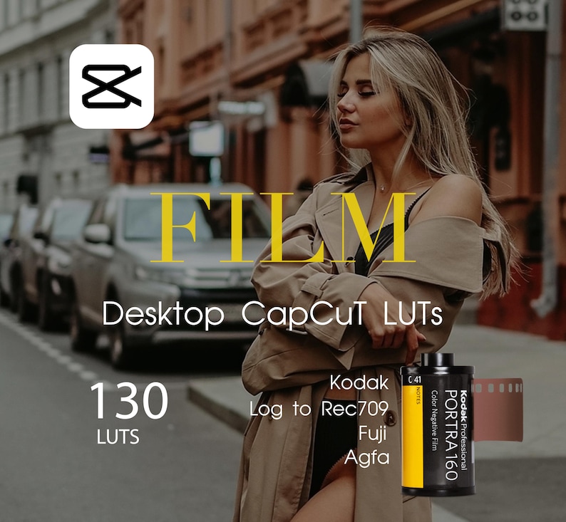 May include: A collection of 130 film LUTs for CapCut, featuring a variety of film stocks like Kodak Portra 160, Fuji, and Agfa. The LUTs are designed to give your videos a vintage film look.