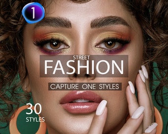 May include: A close-up of a woman's face with colorful eye makeup. The text "STREET FASHION CAPTURE ONE STYLES" is displayed in white letters on a black background. The number "30" is displayed in white letters on a black background with the text "STYLES" below it. The woman is wearing large orange hoop earrings.