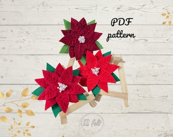 Poinsettia Sewing Pattern, Felt PDF tutorial. Make your own Poinsettia New Year Tree decoration. Christmas Ornament Pattern