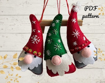 Felt Gnome Sewing Pattern, Felt PDF tutorial. Make your own felt Gnome New Year Tree decoration.  Christmas Ornament Patterns