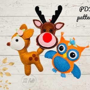 Set of three Felt Owl, felt Deer Sewing Pattern, Felt PDF tutorial. Make your own felt Owl, Deers Christmas Ornament Pattern