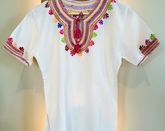 Indigenous Elegance: Vintage Mexican Huipil with Hand-Embroidered Leaf Patterns from Puebla, Mexico - A Testament to Artisanal Heritage!