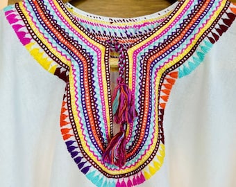 Vintage Mexican Hand-Embroidered Huipil top, Made by Indigenous Communities in Puebla, Mexico, Geometric Shapes