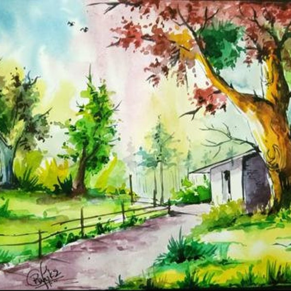 Handmade water color painting , theme of village / Home decor and wall decor item / Decor item for home.