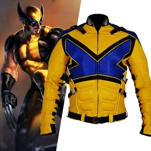 X-Men Wolverine Cosplay Jacket, Men's Muscle Design in Iconic Yellow & Blue, Movie Quality Handcrafted Leather Costume
