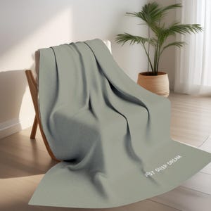 May include: A soft, sage green blanket draped over a wooden chair. The blanket has the words "REST SLEEP DREAM" printed in white on the corner. A potted plant sits in the background.